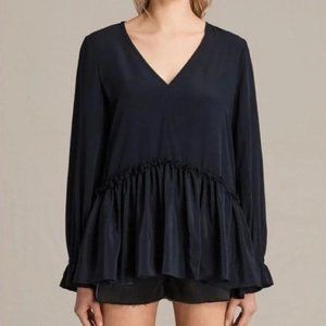 ALLSAINTS Alia 100% Silk Blouse, Navy, Size XS